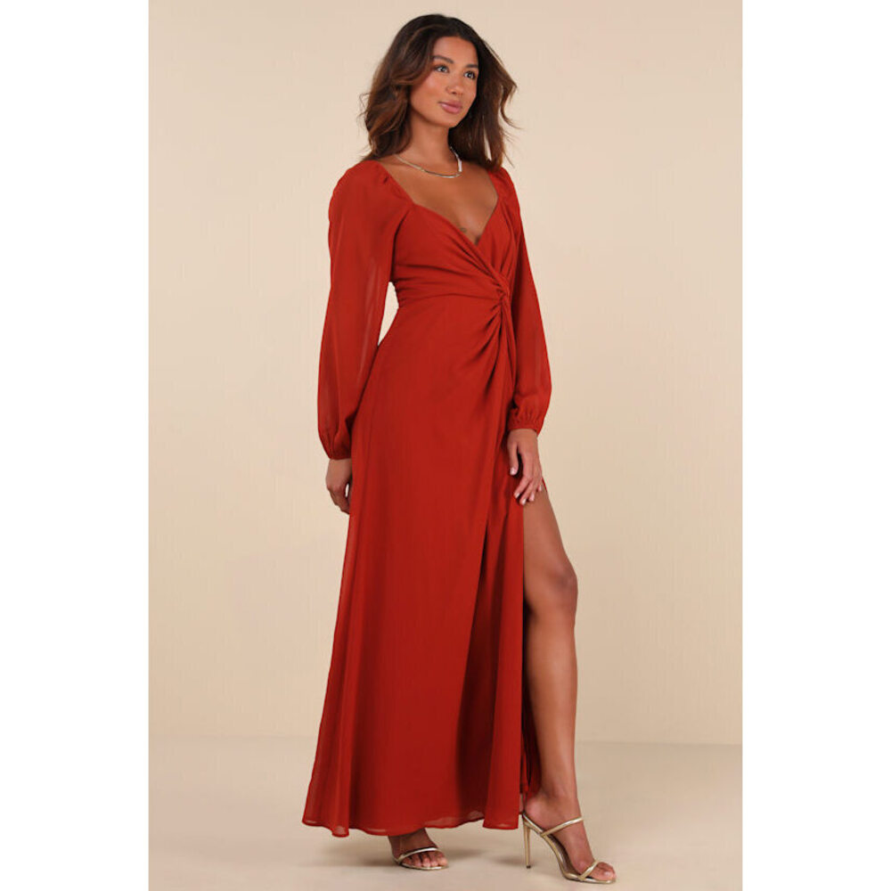 NWT Lulus Composed Soiree Rust Orange Twist-front Long Sleeve Maxi Dress Size XS